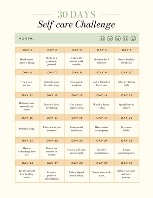 Free  Template: Soft Yellow and Green 30 Days Self Care Challenge Template
