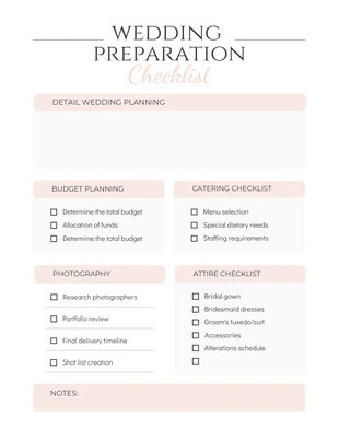 Free  Template: Checkliste für die Hochzeitsvorbereitung in Weiß und Pfirsich