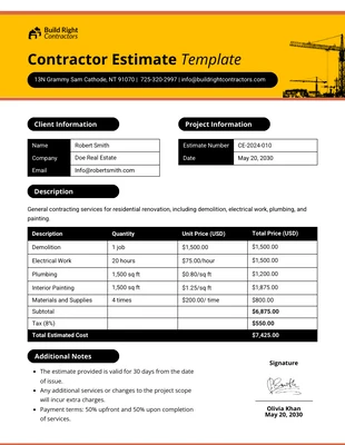 Free  Template: Modello di preventivo dell'appaltatore