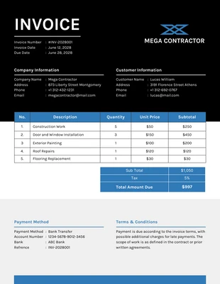 business  Template: Black and Blue Minimalist Contractor Invoice