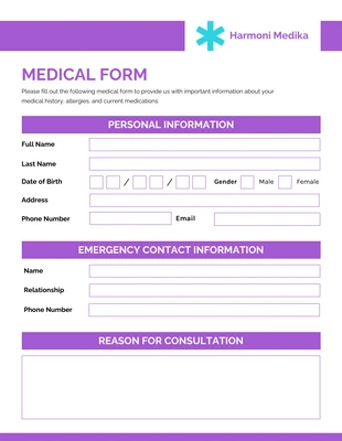 Free  Template: Formulaire médical bleu et violet de forme minimaliste épurée