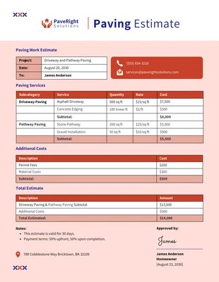 Free  Template: Plantilla de estimación de pavimentación