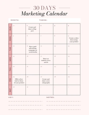 Free  Template: Weicher pfirsich rosa monatlicher marketing kalender Vorlage