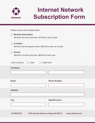 Free  Template: Formulário de assinatura de rede de Internet minimalista roxa