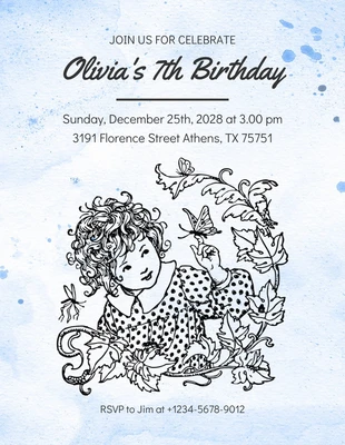 Blue Watercolor Classic Butterfly Birthday Invitation