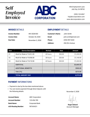 Free  Template: Elegant Clean Royal Blue Self-employed Invoice