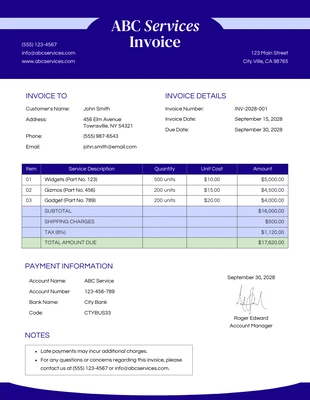 Free  Template: Clean Royal Blue Soft Neon Service Invoice