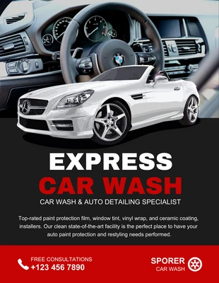 Free  Template: Folheto de lavagem de carro Express preto e vermelho moderno