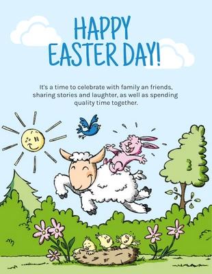 Free  Template: Babyblaue verspielte Illustration „Happy Easter Day“-Poster