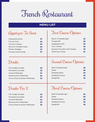 Free  Template: قائمة طعام فرنسية كلاسيكية بسيطة باللونين الأبيض والأزرق والأحمر