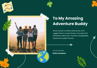 Free  Template: بطاقة تهنئة لصديق المغامرة التوضيحية باللون الأخضر الداكن