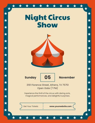 Free  Template: Invitación Circo ilustrativo rojo, azul oscuro y beige