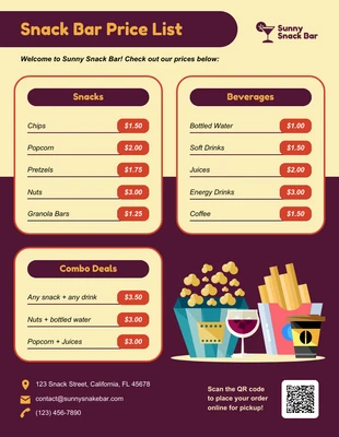 premium interactive Template: Modelo de lista de preços de Snack Bar