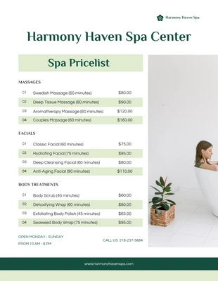 premium  Template: Minimalist Clean White and Green SPA Price Lists