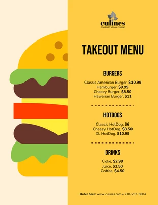 Free  Template: Menu para viagem do Yellow Burger