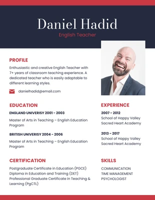 Free  Template: Navy Red And White Simple Minimalist Teacher Resume