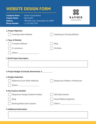 business  Template: Formulário simples de web design azul e amarelo