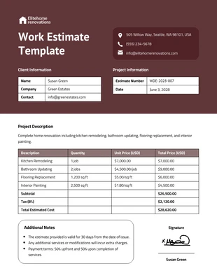 Free  Template: Modelo de estimativa de trabalho