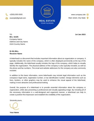 Free  Template: Blue And Gold Modern Professional Real Estate Letterhead Template