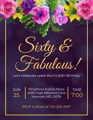 Free  Template: Convite de aniversário de 60 anos floral de luxo roxo moderno