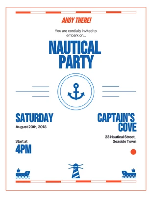 Free  Template: Invitación a fiesta náutica azul naranja simple