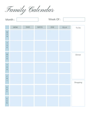 Free  Template: Modelo de calendário familiar com grade azul