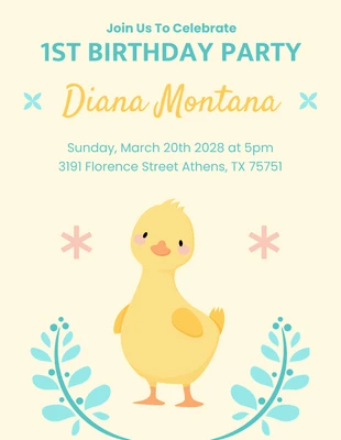 Free  Template: Convite de 1º aniversário de pato com ilustração lúdica em amarelo claro e azul