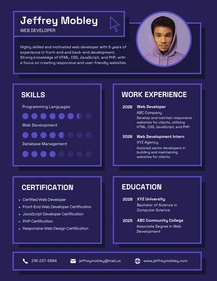 Free  Template: CV technique de l'interface utilisateur du développeur Web violet