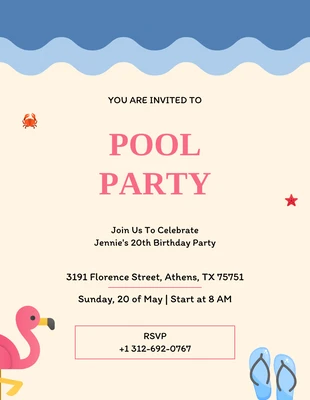 Free  Template: Invito alla festa in piscina in spiaggia blu rosa colorato