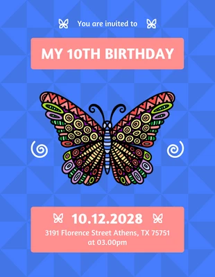 Blue Geometric Simple Butterfly Birthday Invitation