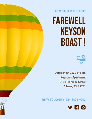 Free  Template: Convite para festa de despedida com balão azul e ilustração moderna minimalista