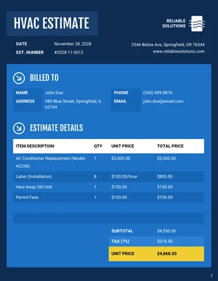 Free  Template: Modelo de estimativa HVAC