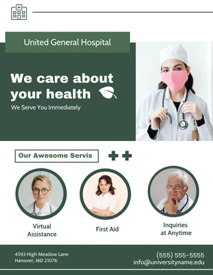 Free  Template: Folleto verde Plantilla de folleto de horario de chequeo médico moderno