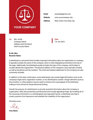 Free  Template: Blanc et rouge Modèle de papier à en-tête simple pour cabinet d'avocats