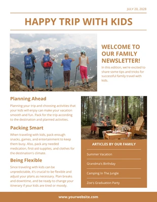 Free  Template: Voyage en famille avec des enfants Bulletin d'information brun