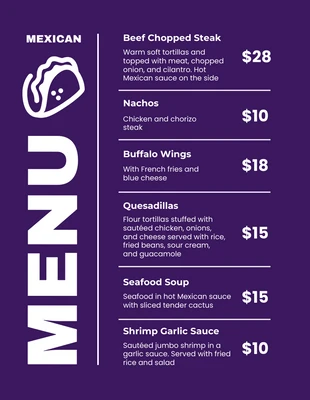 Free  Template: Dépliant de menu mexicain simple violet