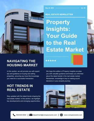 Free  Template: Blauer, einfacher Immobilien-Newsletter mit Einblicken in moderne Immobilien