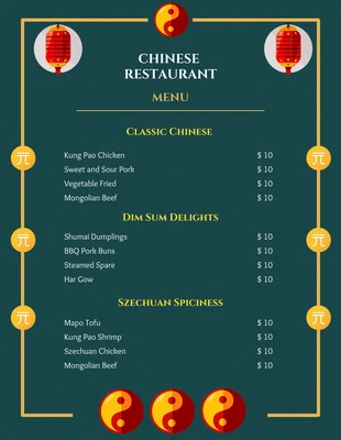 Free  Template: Dunkelgrüne chinesische Menüs