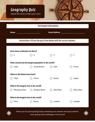 Free  Template: White and Brown Geography Quiz Form