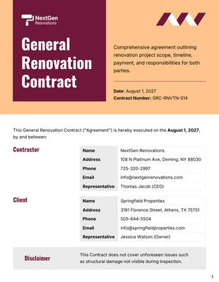 Free  Template: Modèle de contrat de rénovation générale