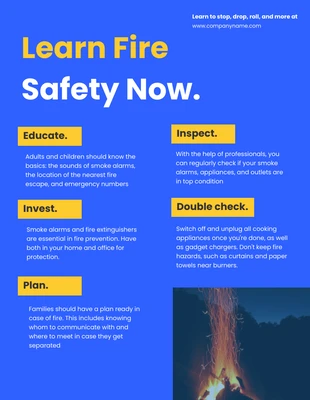 Free  Template: Modelo azul e amarelo para aprender sobre segurança contra incêndio
