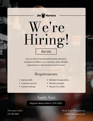 Free  Template: Dark and Cream Now Hiring Barista Poster