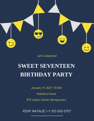 Free  Template: Invitación a una fiesta de cumpleaños con banderines amarillos y azules