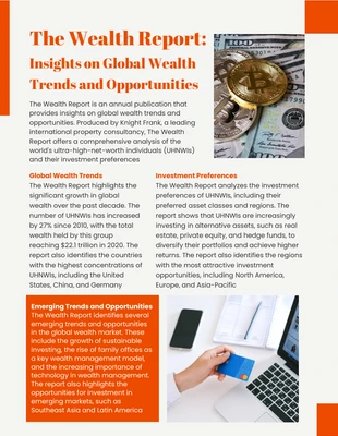 Free  Template: Orange Modern The Wealth Report Newsletter. النشرة الإخبارية لتقرير الثروة البرتقالية الحديثة
