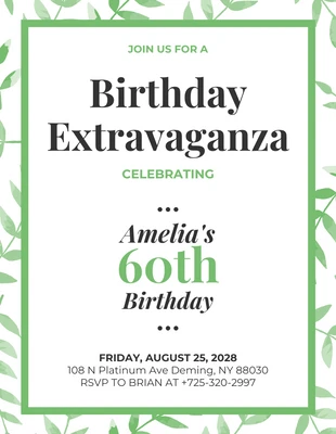 Free  Template: Invitación de cumpleaños número 60 de acuarela floral blanca y verde