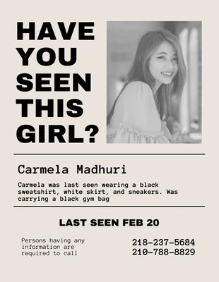 Free  Template: Cream Simple Missing Person Flyer