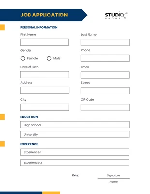 business  Template: Formulários de Candidatura a Emprego Profissional Azul e Amarelo
