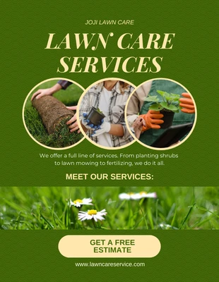 Free  Template: Folheto do serviço de cuidados com o gramado verde e amarelo