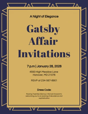 Free  Template: Invitations à l'affaire Gatsby, éléments décoratifs bleu marine et or