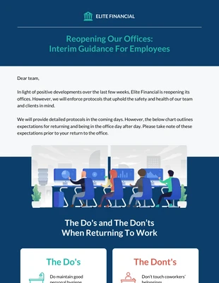 Free  Template: Interner E-Mail-Newsletter mit Ankündigungen zur Rückkehr an den Arbeitsplatz